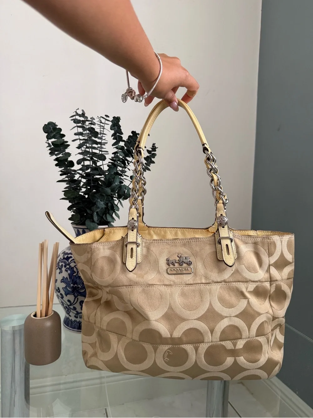 Coach Beige Signature Tote Bag with Gold Trim